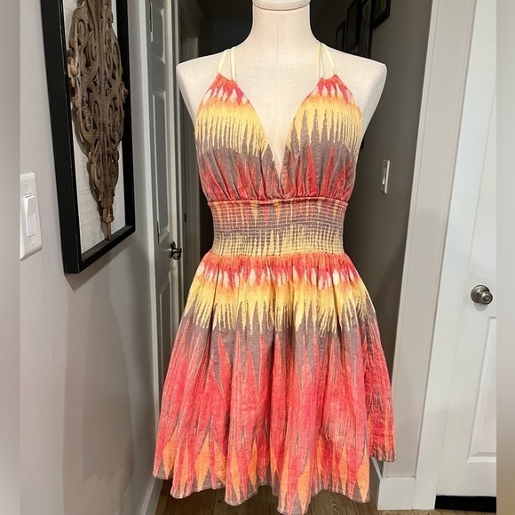 FREE PEOPLE Orange tones smock stretch waist mini dress with thin straps - Picture 3 of 15